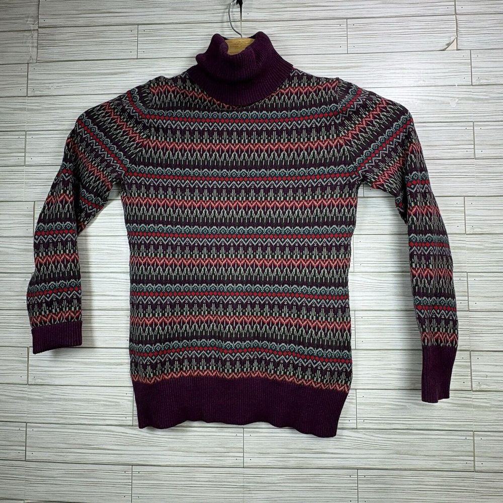 L.L. Bean Women's Cotton Cashmere Purple Geometric Print Turtleneck Sweater Sz S - Picture 1 of 9